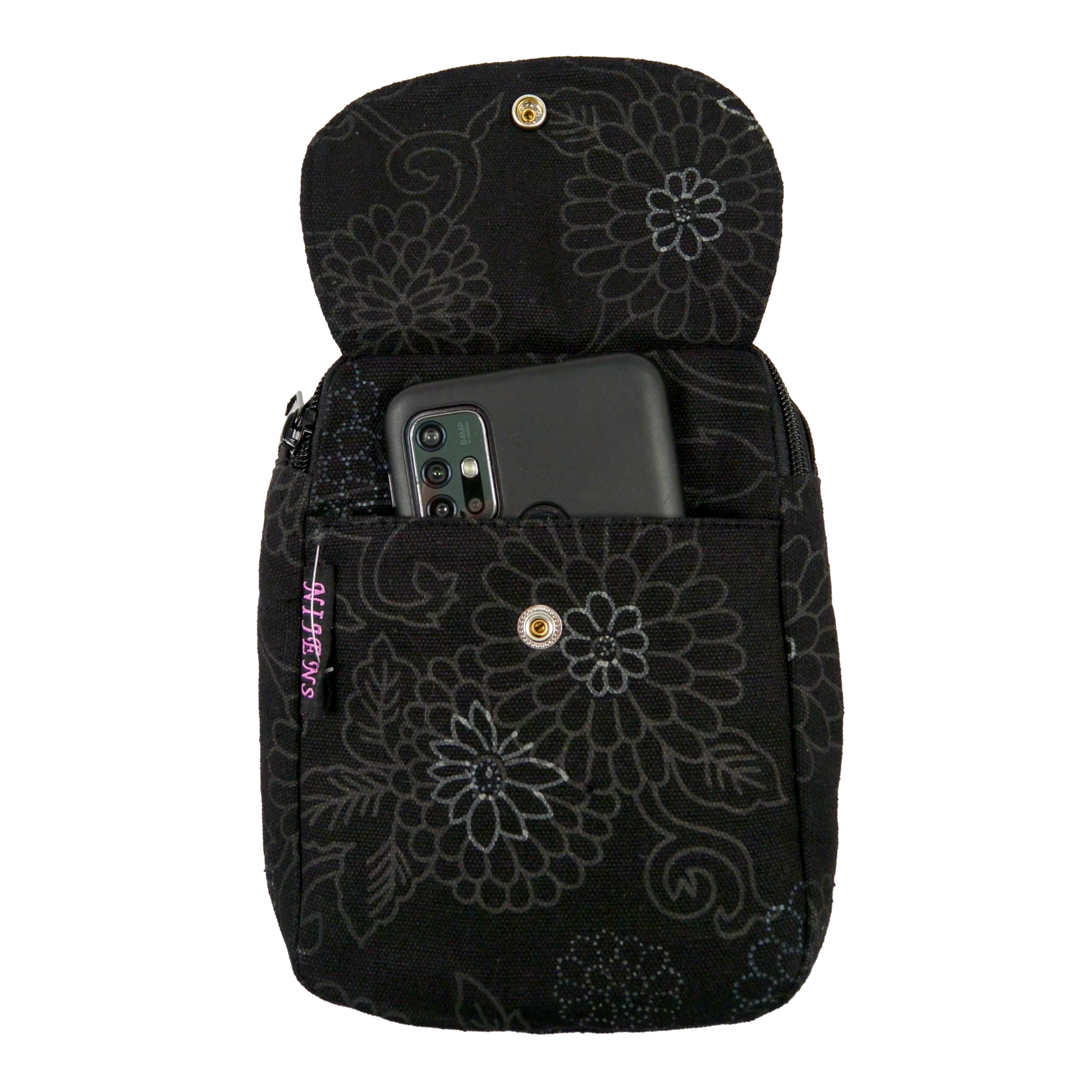 Beuteltasche Baumwolle, schwarz mit floralem Muster und zwei Gürtelschlaufen zum Anbringen an Gürtel mit Einsteckfach vorne.