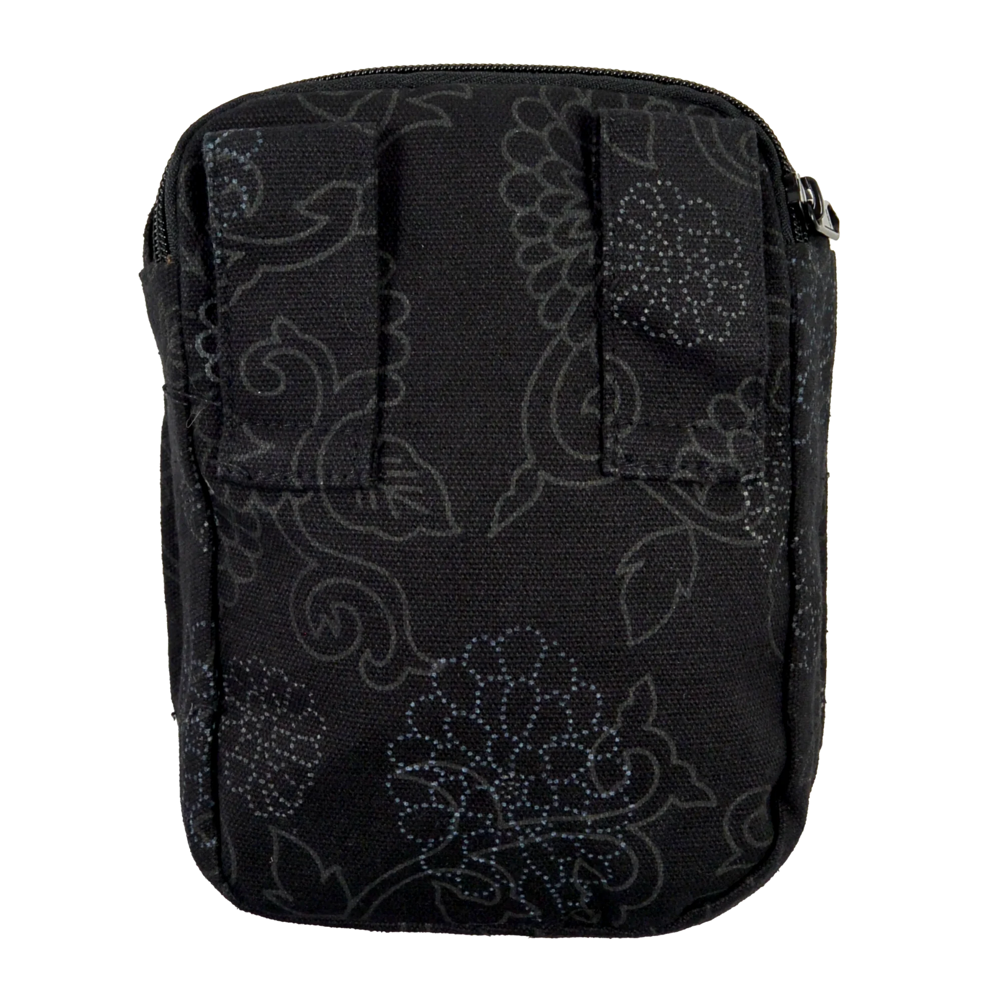 Beuteltasche Baumwolle, schwarz mit floralem Muster und zwei Gürtelschlaufen zum Anbringen an Gürtel.