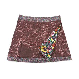 Wenderock, Wickelrock aus Baumwolle, Grau, Rotbraun/Rosa, mit Paisleymuster und kleinem Einsteckfach vorne. Umfang ist einstellbar mit Druckknöpfen am Rockbund.