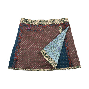 Wenderock, Wickelrock aus Baumwolle, Braun/Teal mit kleinem Muster und Einsteckfach vorne. Umfang ist einstellbar mit gläsernen Druckknöpfen am Rockbund.