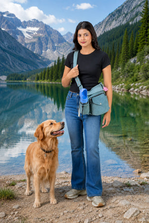 Frau mit salbeigrüner Gassi-Umhängetasche und goldenem Retriever auf einem Bergweg vor alpiner Kulisse mit See und schneebedeckten Bergen.