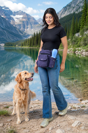 Frau mit lavendelvioletter Gassi-Tasche und goldenem Retriever auf einem Bergweg vor alpiner Kulisse mit See und Bergen.