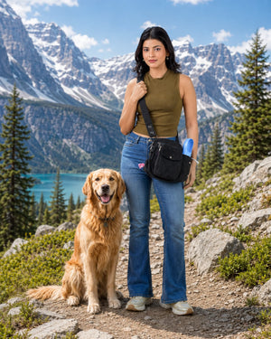 Frau mit anthraziter Cord-Gassitasche und integriertem Flaschenhalter neben einem Golden Retriever