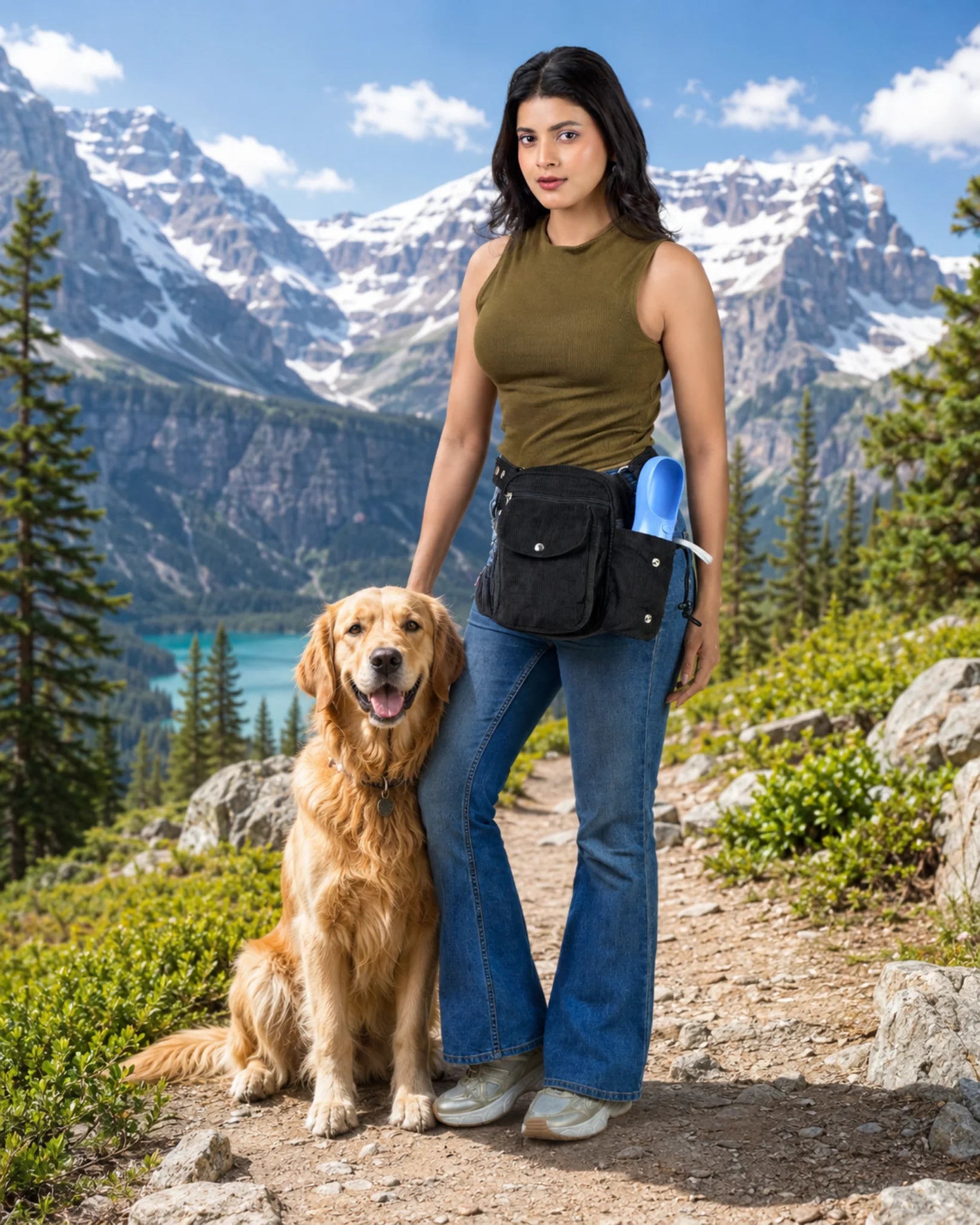 Frau mit anthraziter Cord-Gassitasche und integriertem Flaschenhalter neben einem Golden Retriever