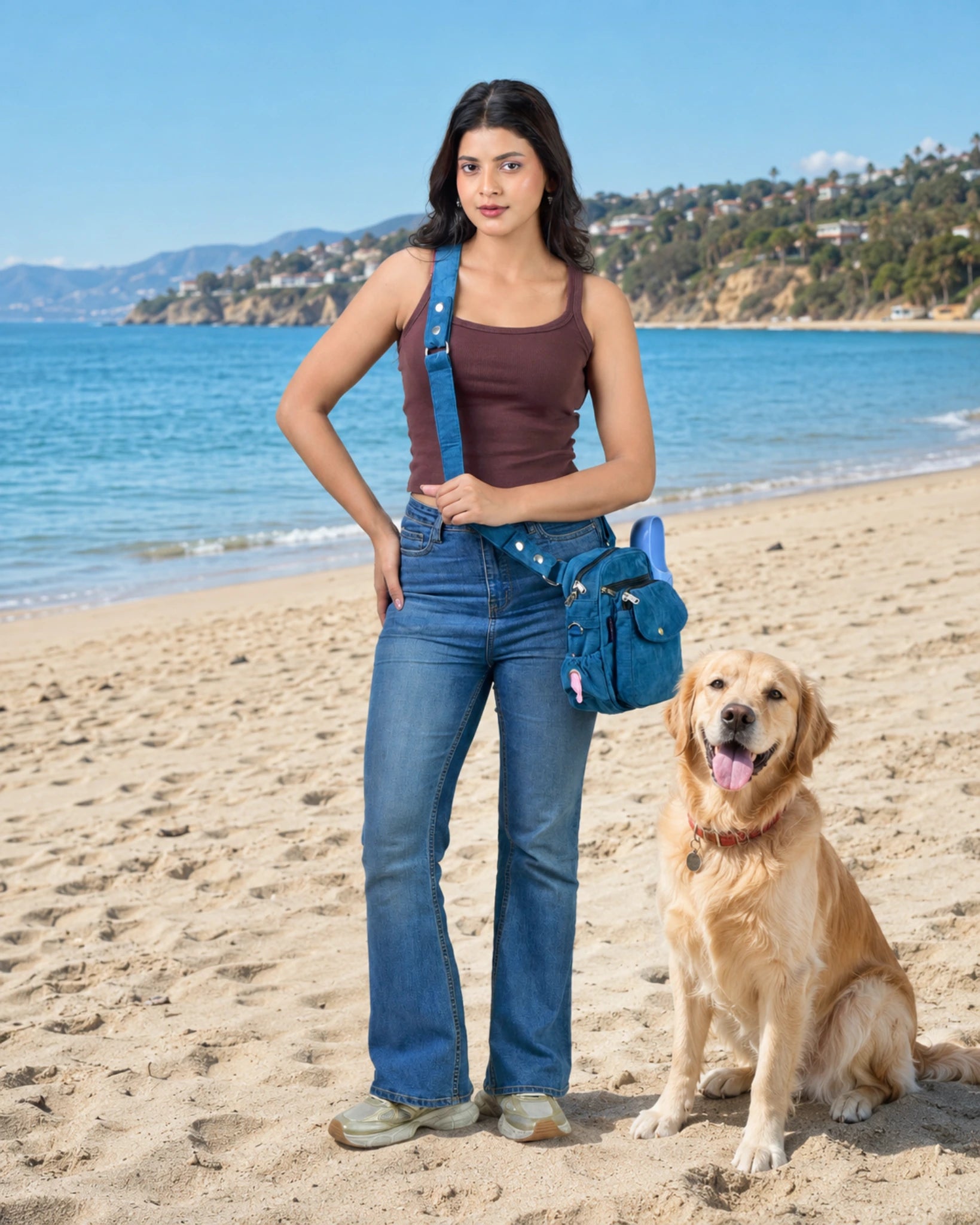 Frau mit blauer Cord-Tasche und integriertem Flaschenhalter neben einem Golden Retriever am Strand mit blauem Meer im Hintergrund.