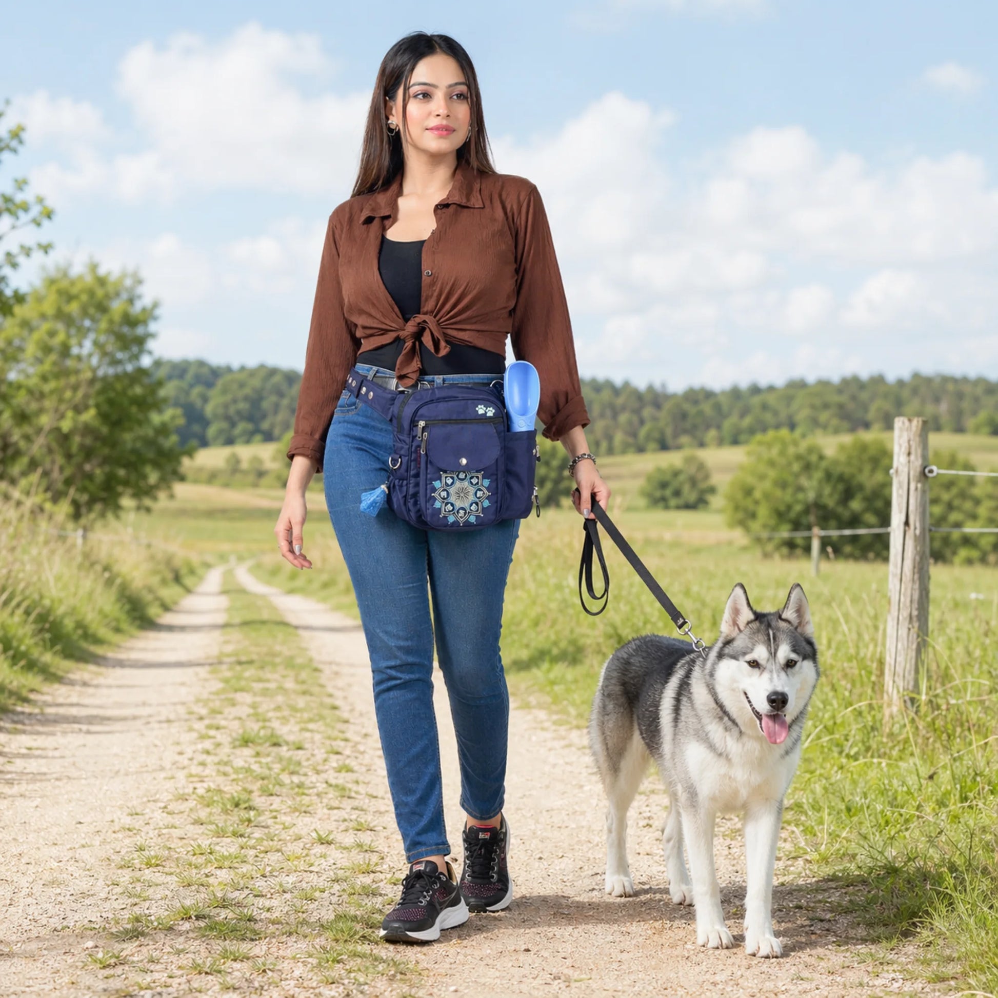 Frau mit dunkelblauer Nijens Hüfttasche im Mandala-Design und Sportschuhen spaziert mit einem Husky auf einem Feldweg in der Natur.