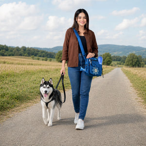 Frau mit Nijens Hüfttasche in Petrol und Sportschuhen spaziert mit einem Husky auf einem Feldweg in der Natur.