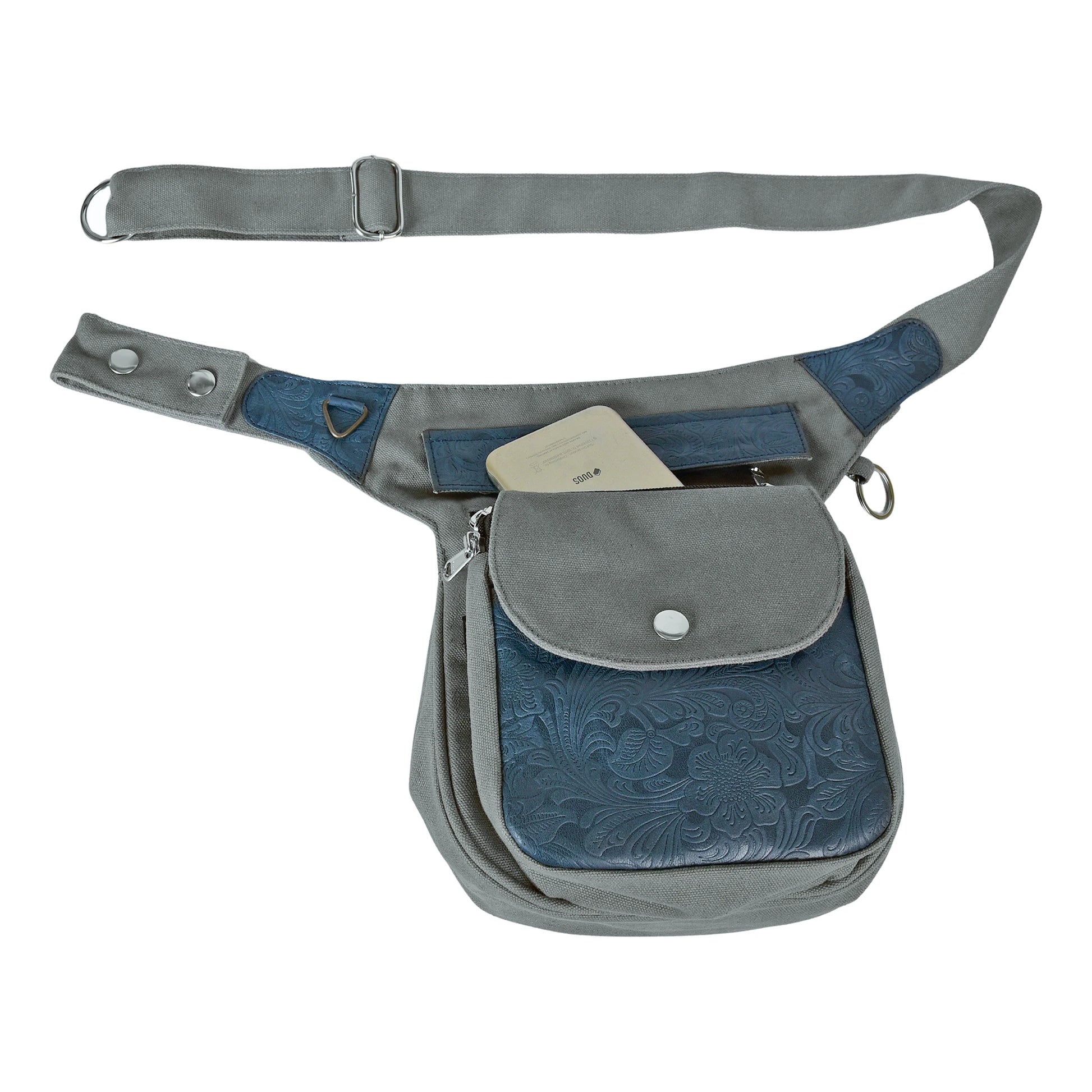 Super-Hannover Bauchtasche aus robustem Canvas Grau mit Echtlederdetails, Frontfach mit Smartphone