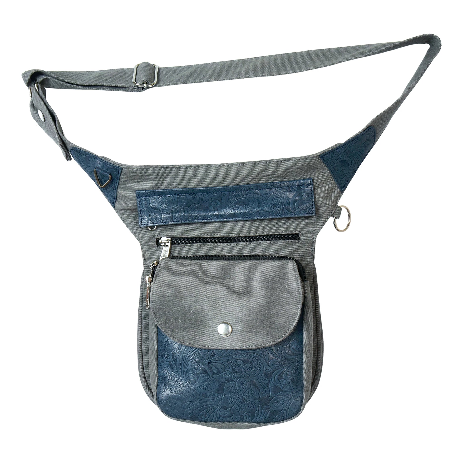 Gassitasche Super-Hannover aus Canvas Grau und echtem Leder in Graublau mit geprägtem Lederpatch, Frontansicht