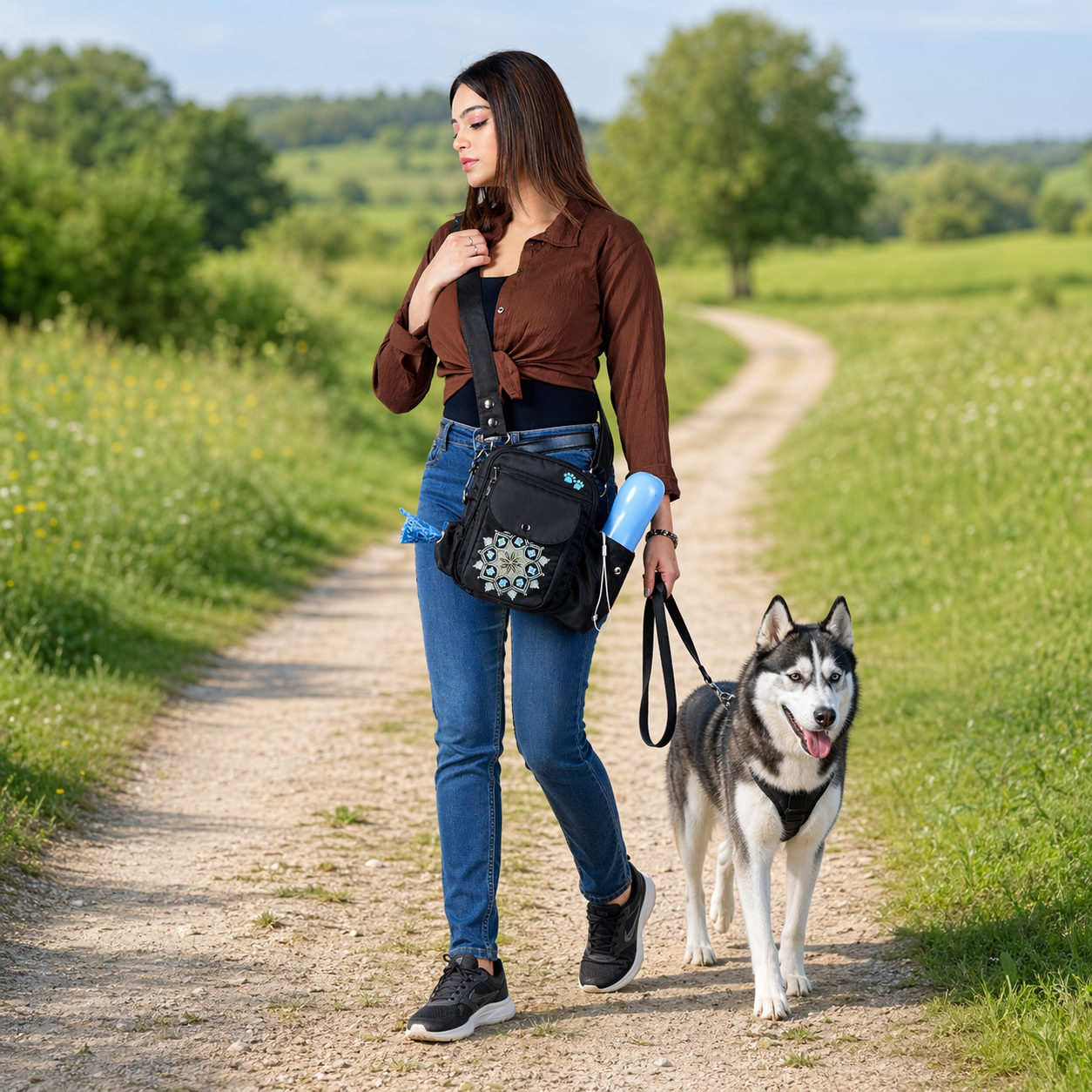 Frau mit schwarzer Gassitasche als Crossbodybag geht mit einem Husky auf einem Weg durch eine grüne Feldlandschaft.