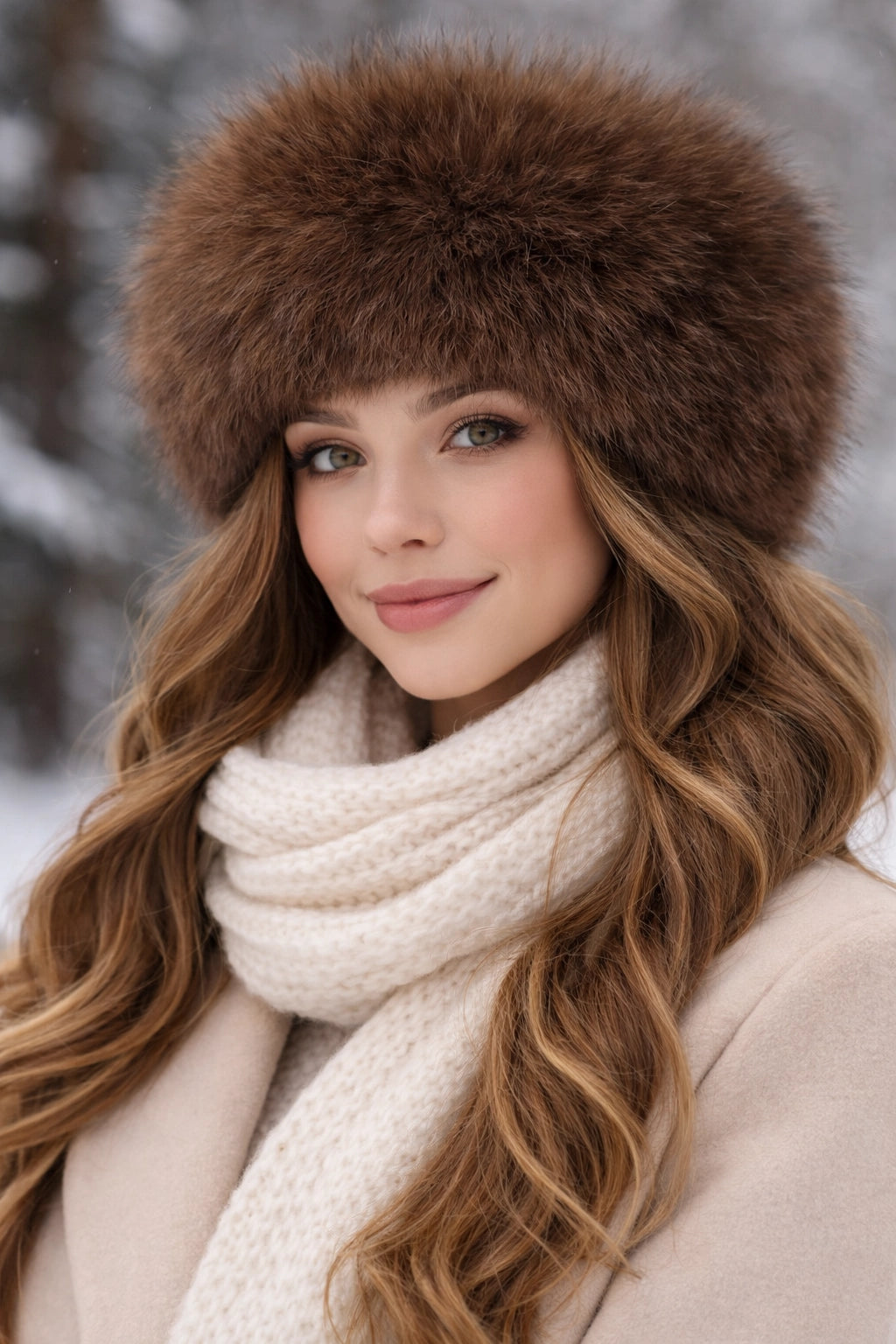 Model trägt die Nijens Siberia Kunstfell-Mütze, flauschige Wintermütze aus Kunstfell in Braun