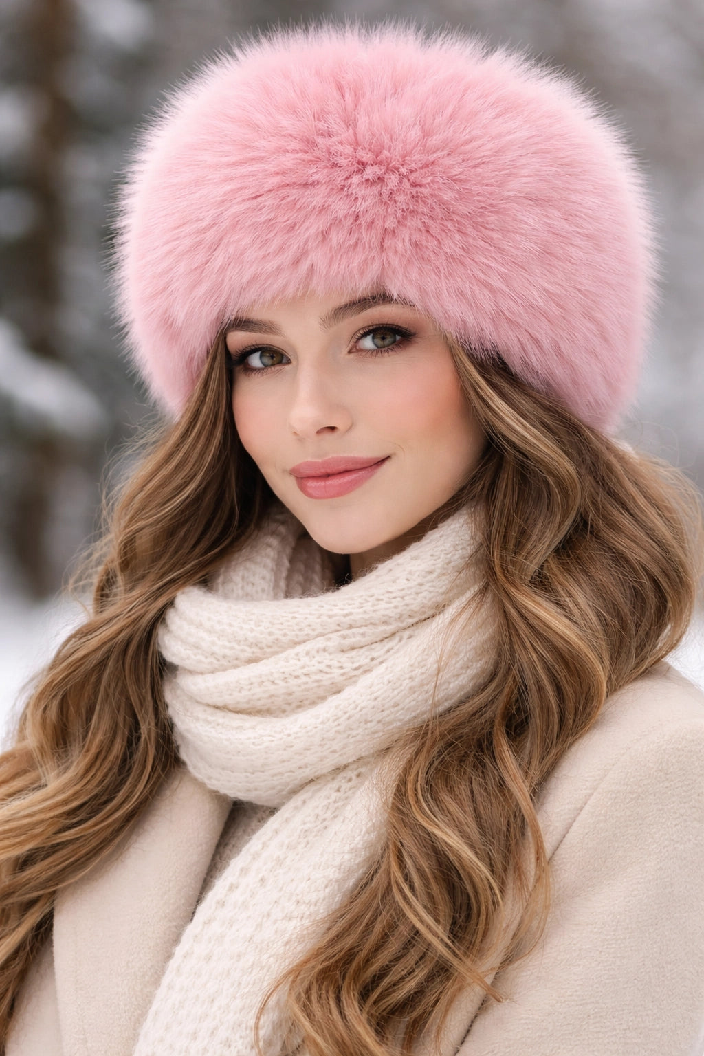 Model trägt die Nijens Siberia Kunstfell-Mütze, flauschige Wintermütze aus Kunstfell in Rosa