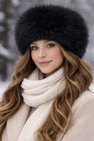 Model trägt die Nijens Siberia Kunstfell-Mütze, flauschige Wintermütze aus Kunstfell in Schwarz