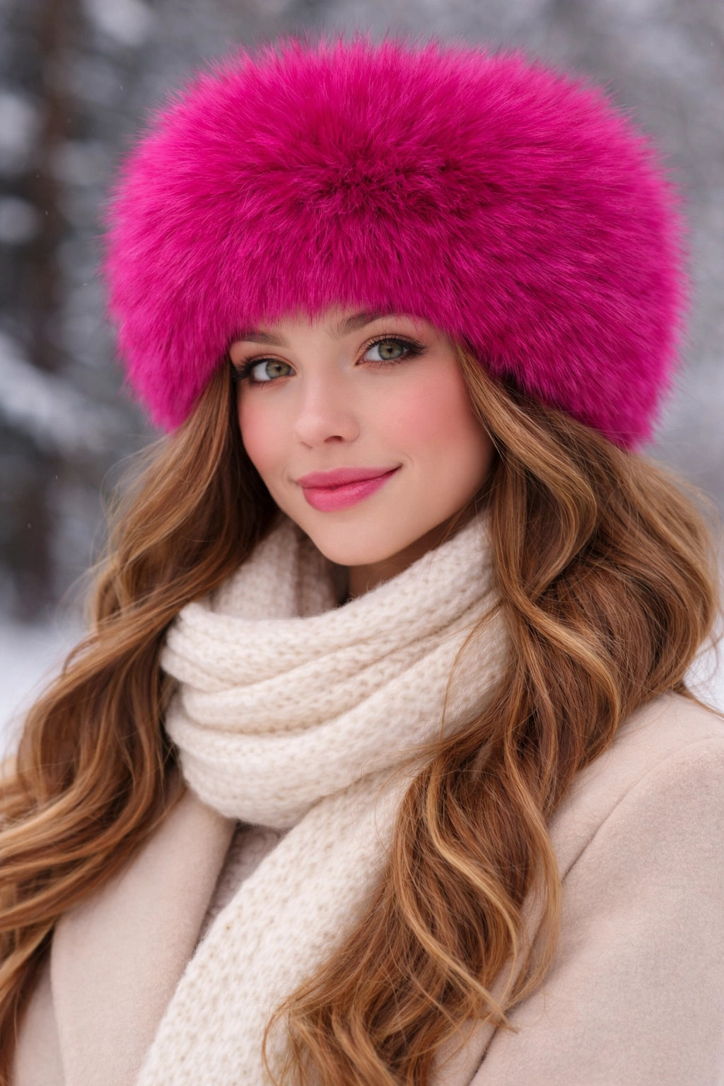 Model trägt die Nijens Siberia Kunstfell-Mütze, flauschige Wintermütze aus Kunstfell in Fuchsia