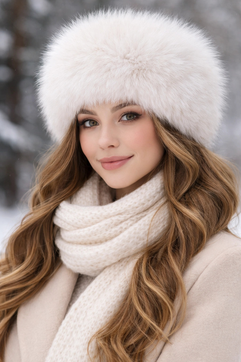 Model trägt die Nijens Siberia Kunstfell-Mütze, flauschige Wintermütze aus Kunstfell in Weiß