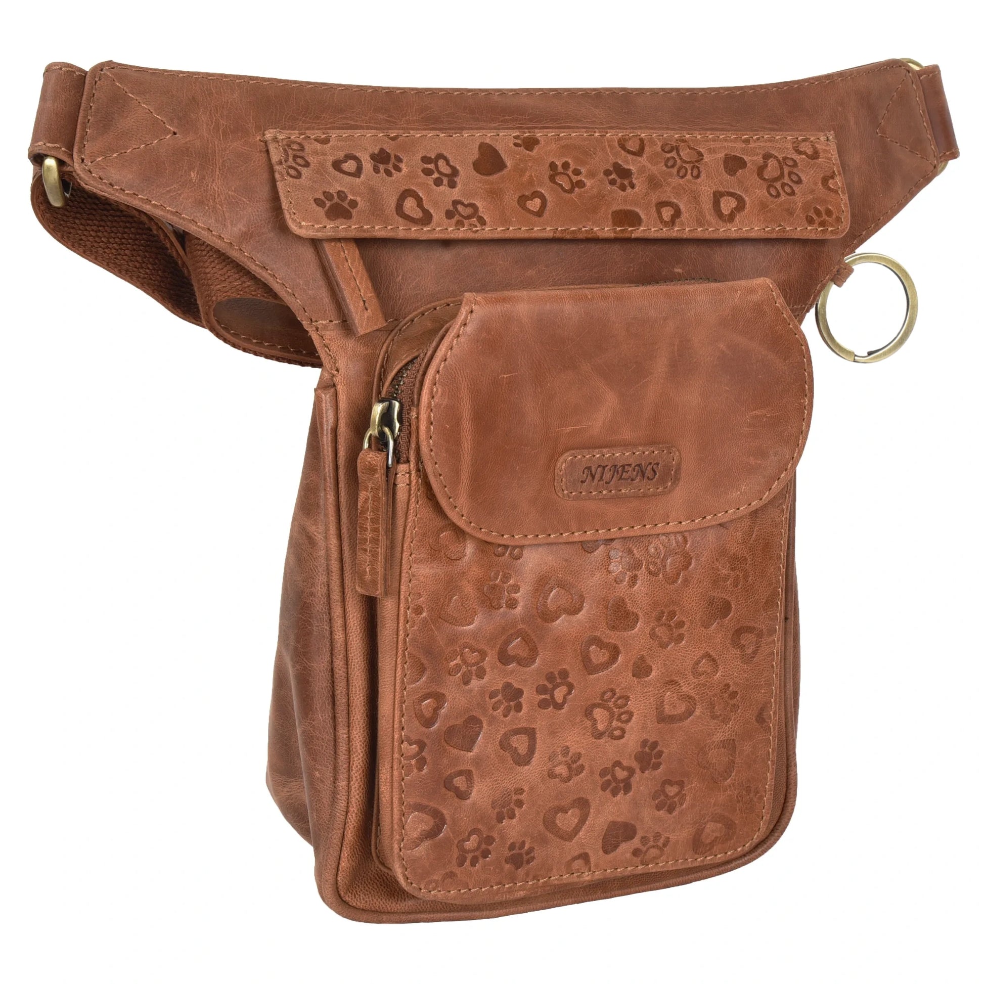 Gassi-Tasche, Gürteltasche aus braunem Leder, mit kleinen Pfoten und Herzprägungen, ein Metallring an der Seite zum Anhängen von kleinen Sachen.