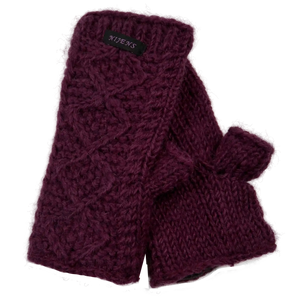 Pulswärmer, Armstulpen aus Schurwolle Lila Strickmuster Raute mit Daumen und Innenfutter aus Fleece.