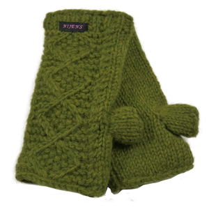 Pulswärmer, Armstulpen aus Schurwolle, grün, Strickmuster Raute mit Daumen und Innenfutter aus Fleece