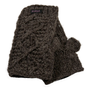 Pulswärmer, Armstulpen aus Schurwolle, Dunkelbraun, Strickmuster Raute mit Daumen und Innenfutter aus Fleece.