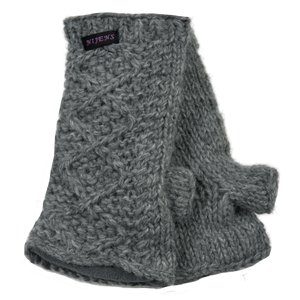 Pulswärmer, Armstulpen aus Schurwolle, Grau, Strickmuster Raute mit Daumen und Innenfutter aus Fleece.