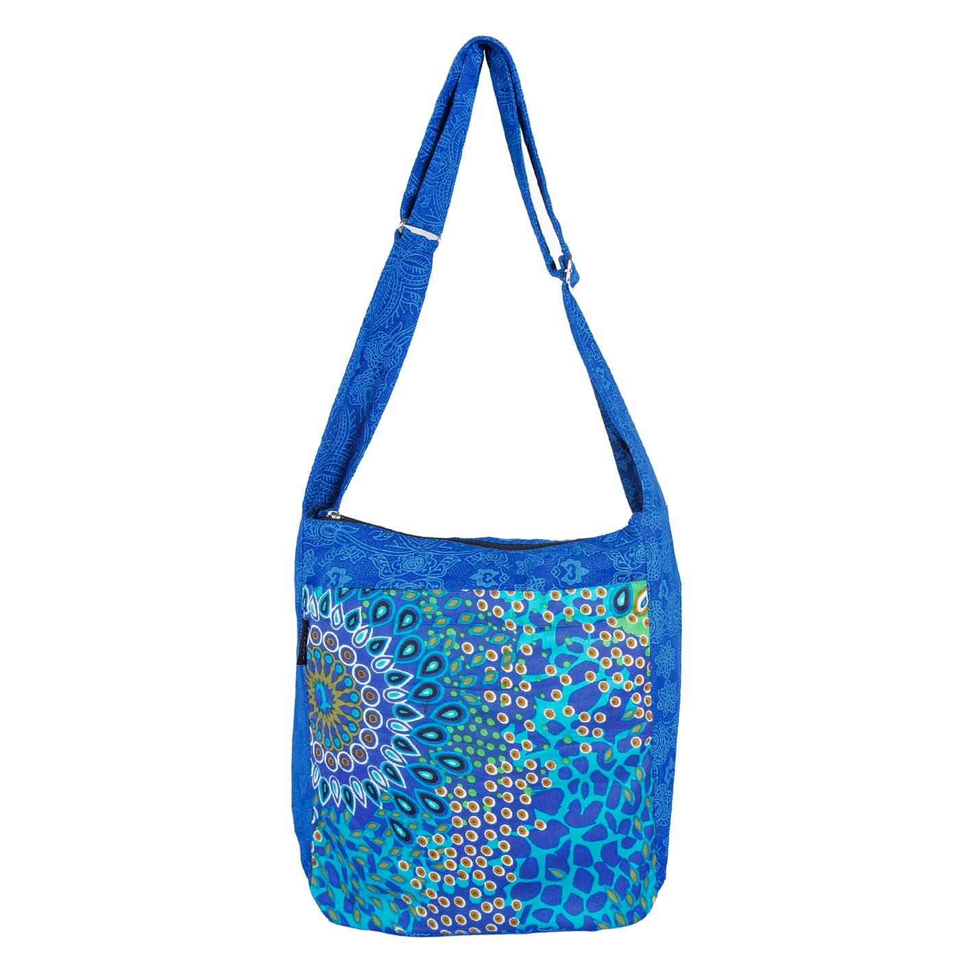 Blauer Nijens Big Shopper aus Canvas mit farbenfrohem Mandala- und Punktmuster, verstellbarer Schultergurt, Vorderansicht.