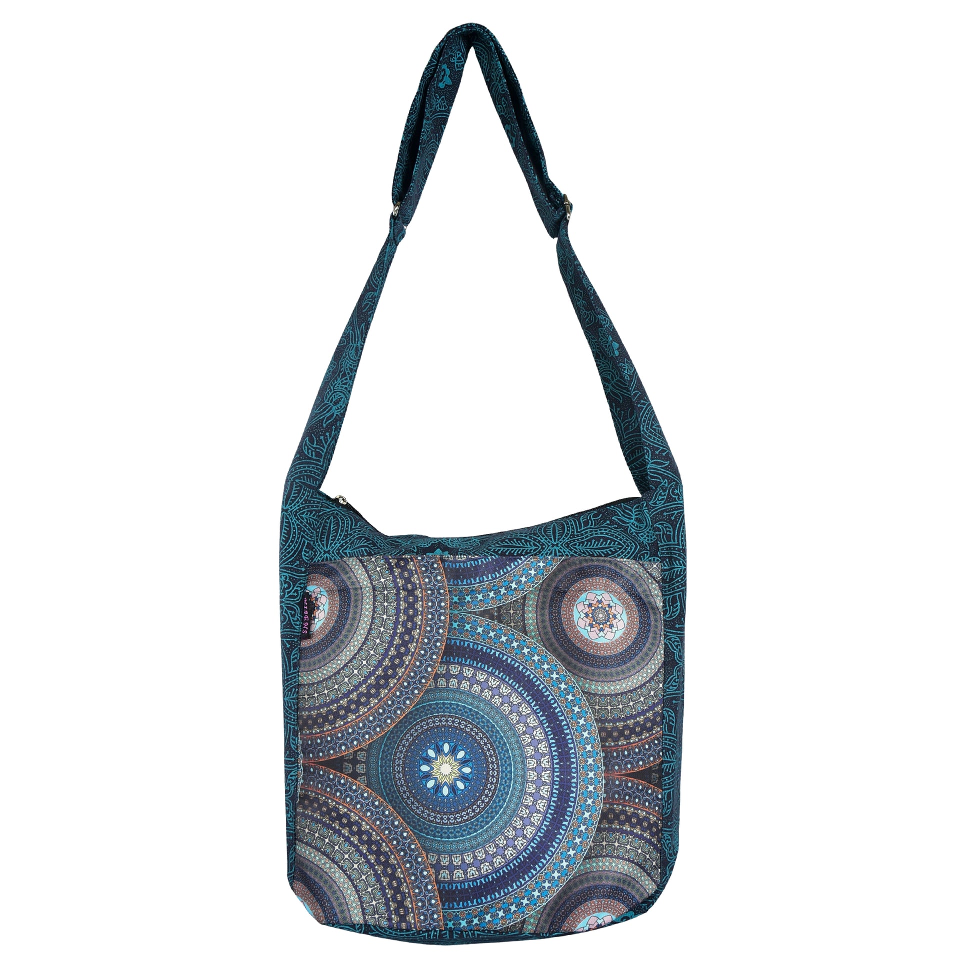 Türkisfarbener Shopper aus Canvas mit Mandala-Muster und verstellbarem Schultergurt, Vorderansicht.