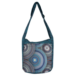 Türkisfarbener Shopper aus Canvas mit Mandala-Muster und verstellbarem Schultergurt, Vorderansicht.