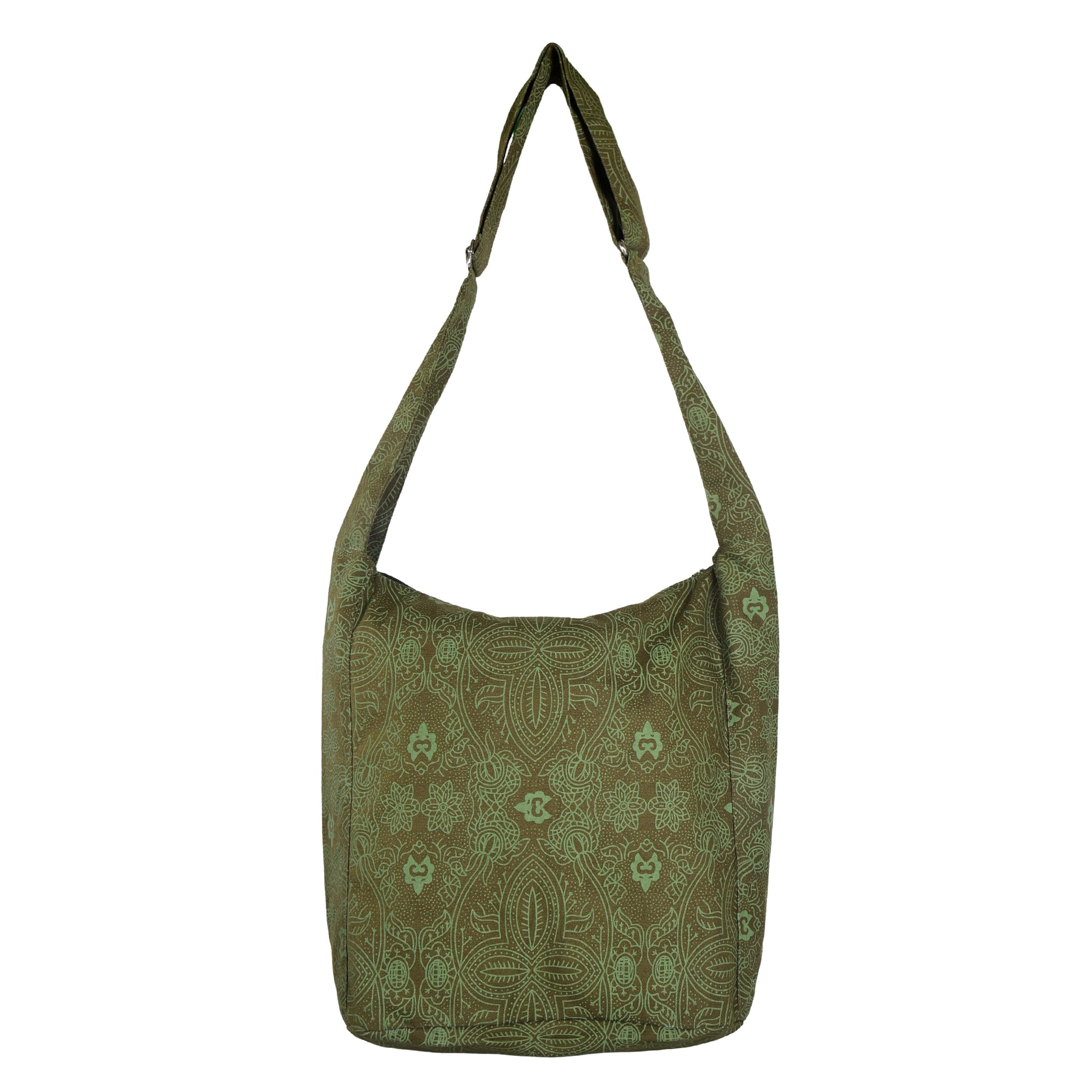 Rückansicht des olivfarbenen Nijens Big Shoppers aus Canvas mit feinem Ethno-Muster und verstellbarem Schultergurt.