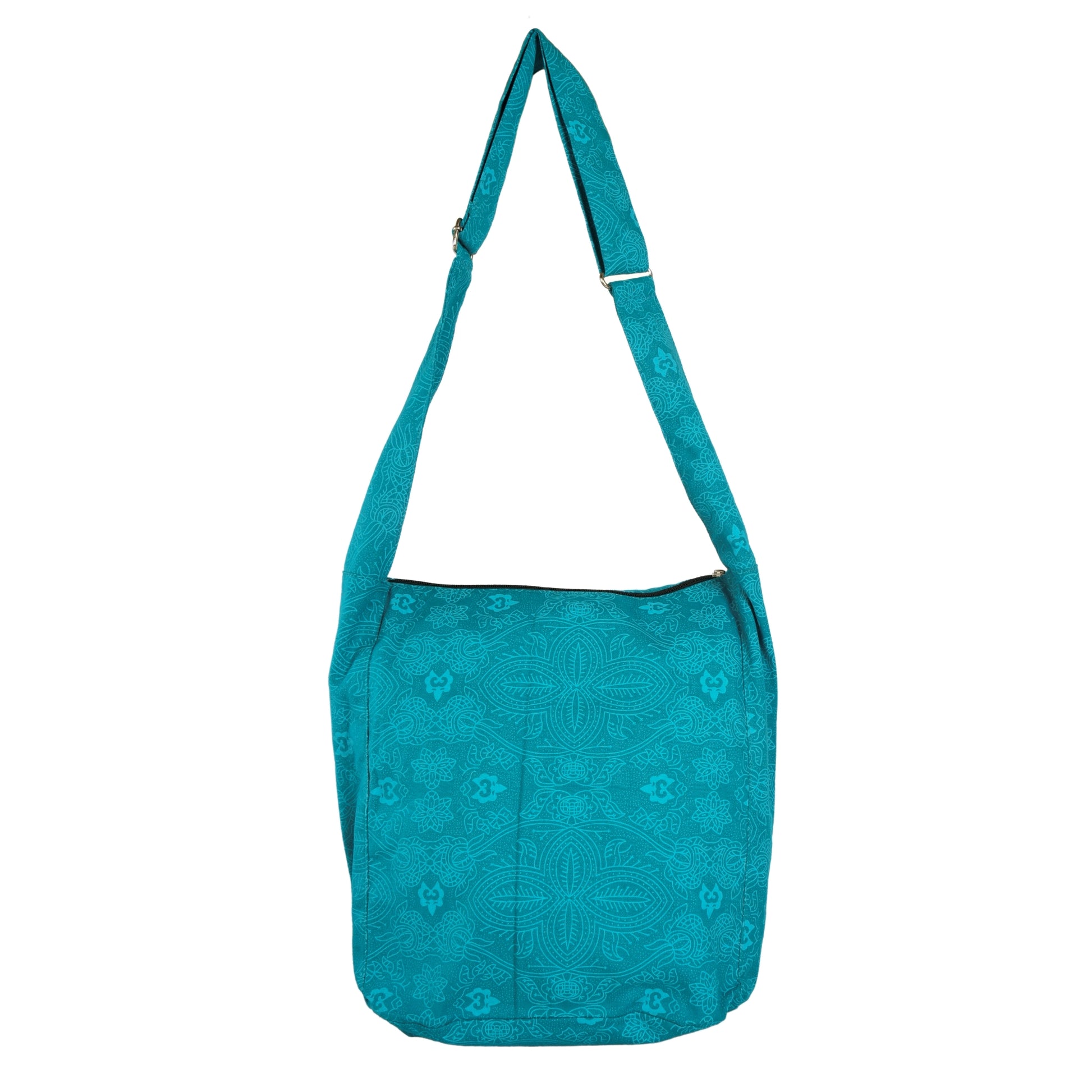Rückansicht des türkisfarbenen Nijens Shoppers aus Canvas mit feinem Ethno-Muster und verstellbarem Schultergurt.