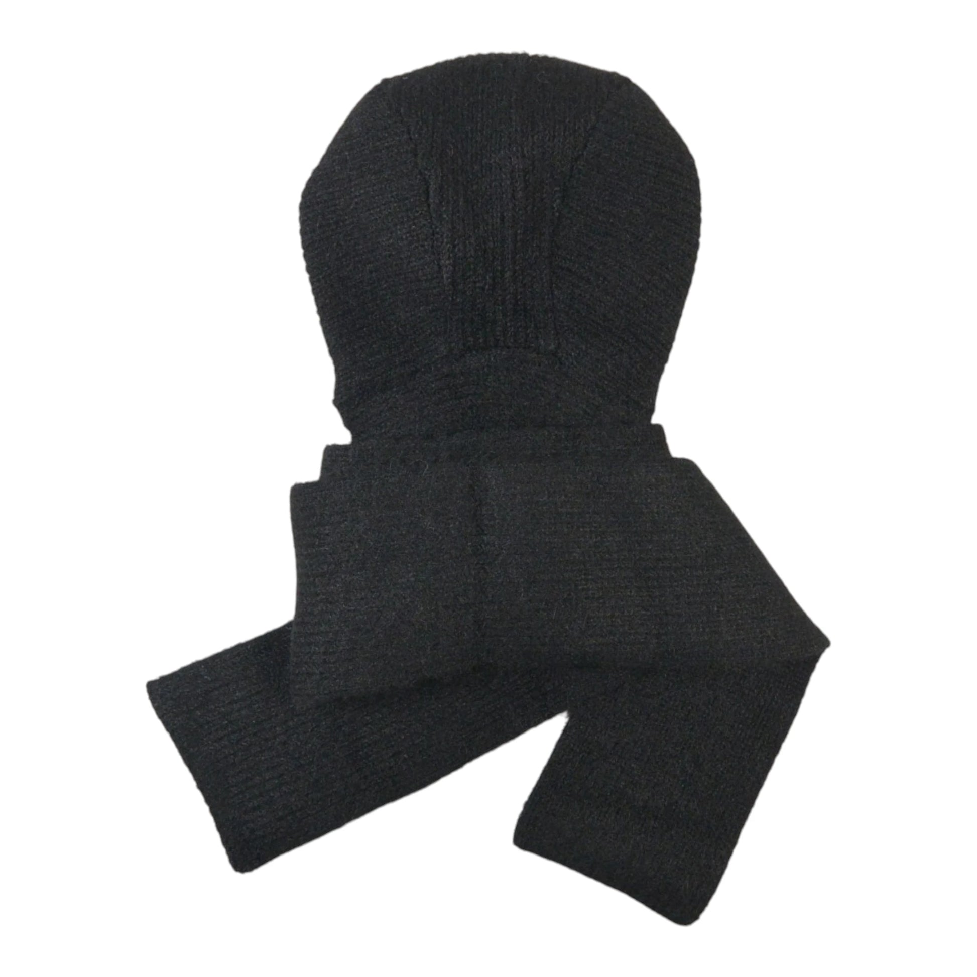 Nijens Balaclava in Schwarz mit Kapuze und langen Schalenden – Rückansicht