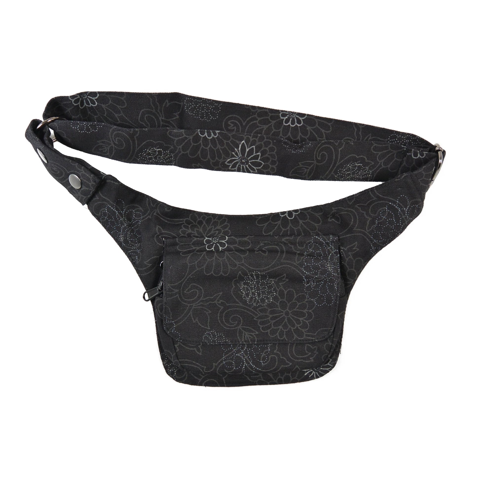 Nijens Hüfttasche Dublin Schwarz-Braun mit Blumen-Muster, Frontansicht mit Reißverschlussfach.