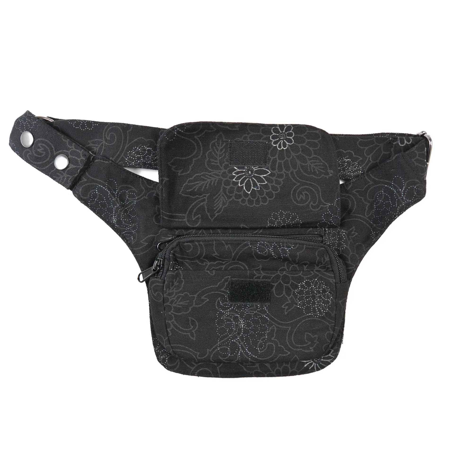 Nijens Hüfttasche Schwarz-Braun mit Blumen-Muster, Frontansicht mit Reißverschlussfach.