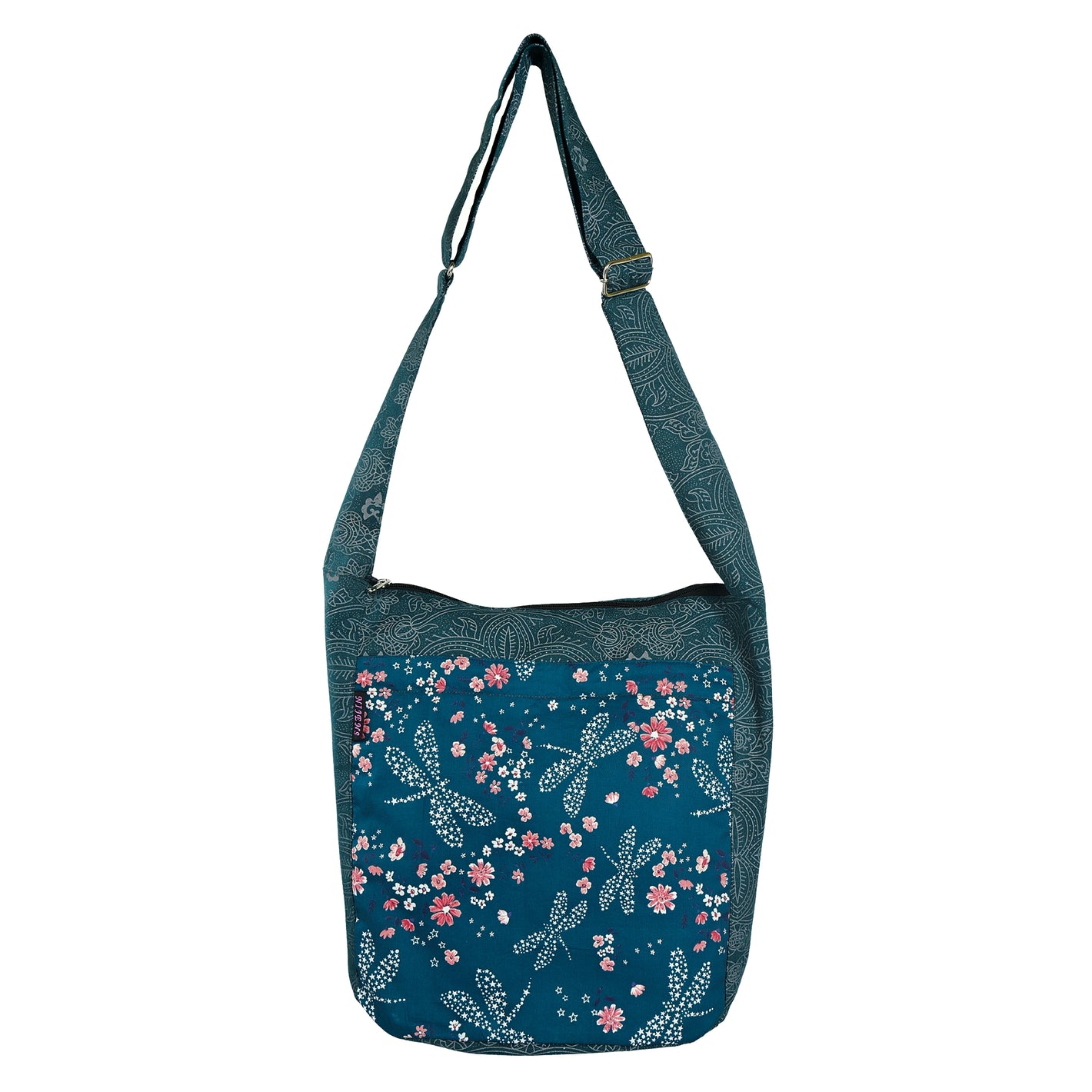 Nijens Big Shopper in Petrol mit Libellen- und Blumenmuster, große Canvas-Schultertasche mit verstellbarem Gurt.