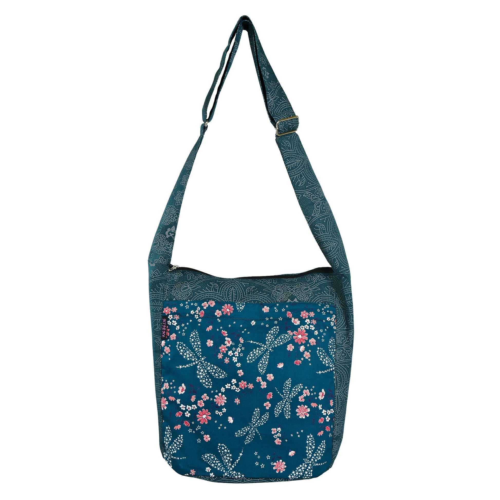 Nijens Big Shopper in Petrol mit Libellen- und Blumenmuster, große Canvas-Schultertasche mit verstellbarem Gurt.