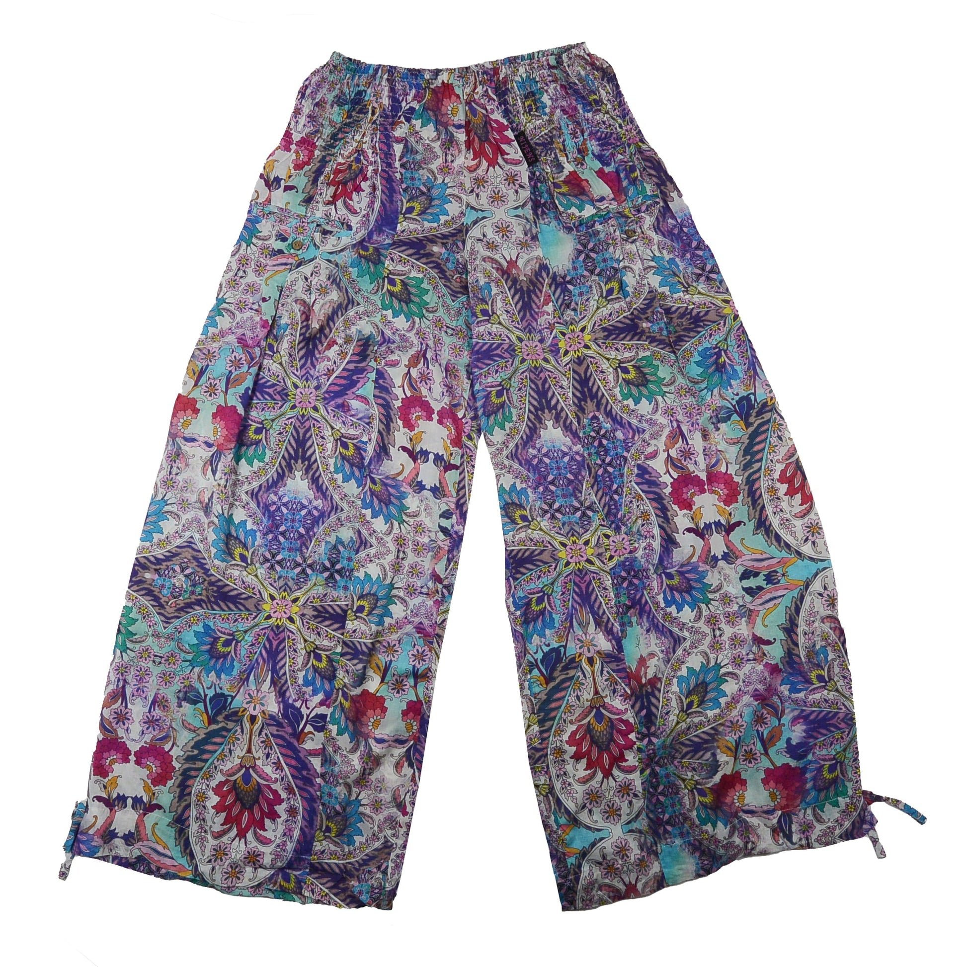 Weit geschnittene Ethno-Hose mit buntem Mandala-Muster, aus Viskose, flach ausgebreitet