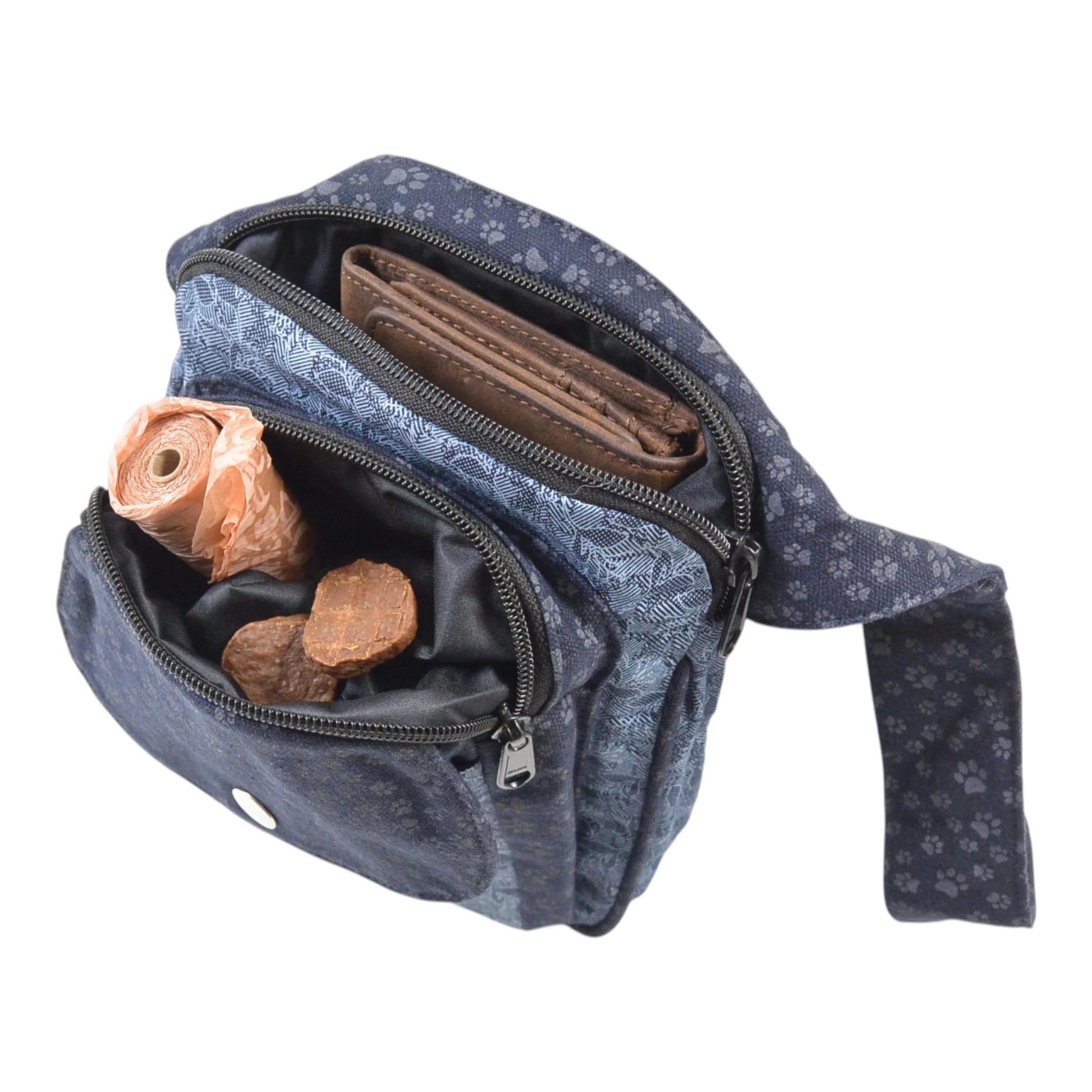 Innenansicht der Gassi-Tasche Freiburg mit zwei großen Reißverschlussfächern – viel Platz für Handy, Leckerlis und Zubehör
