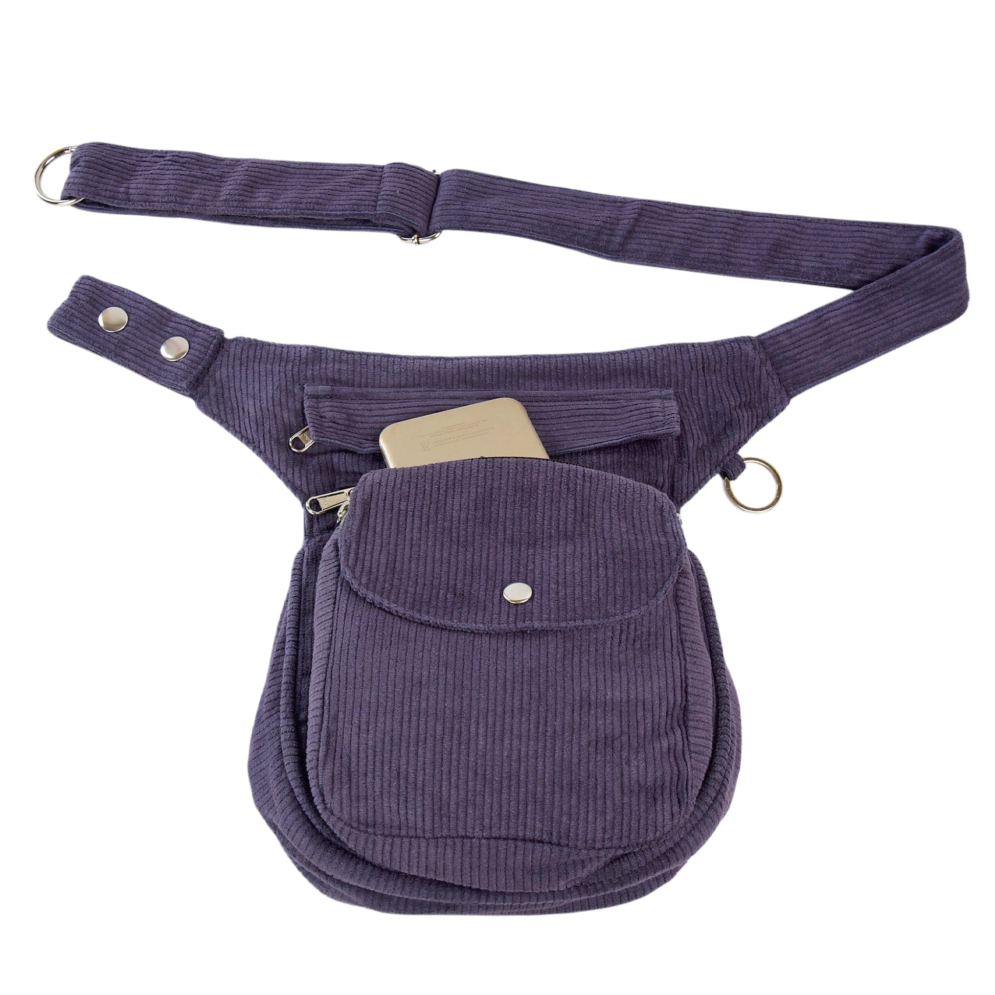 Gürteltasche geöffnet, mit Handy im oberen Fach – Cordstoff in Lavendel