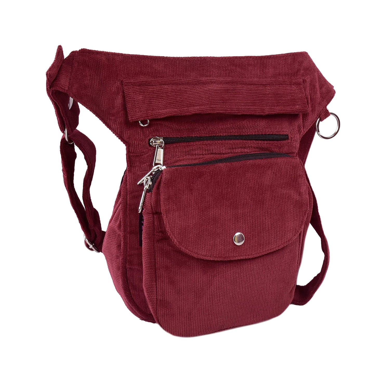 Seitenansicht der Nijens Cordtasche SUPER-HANNOVER Bordeaux – mit zwei Frontfächern und D-Ring.