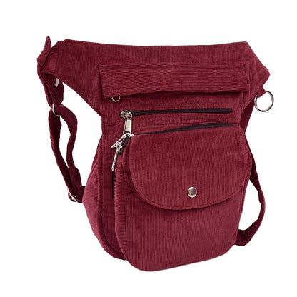 Seitenansicht der Nijens Cordtasche SUPER-HANNOVER Bordeaux – mit zwei Frontfächern und D-Ring.
