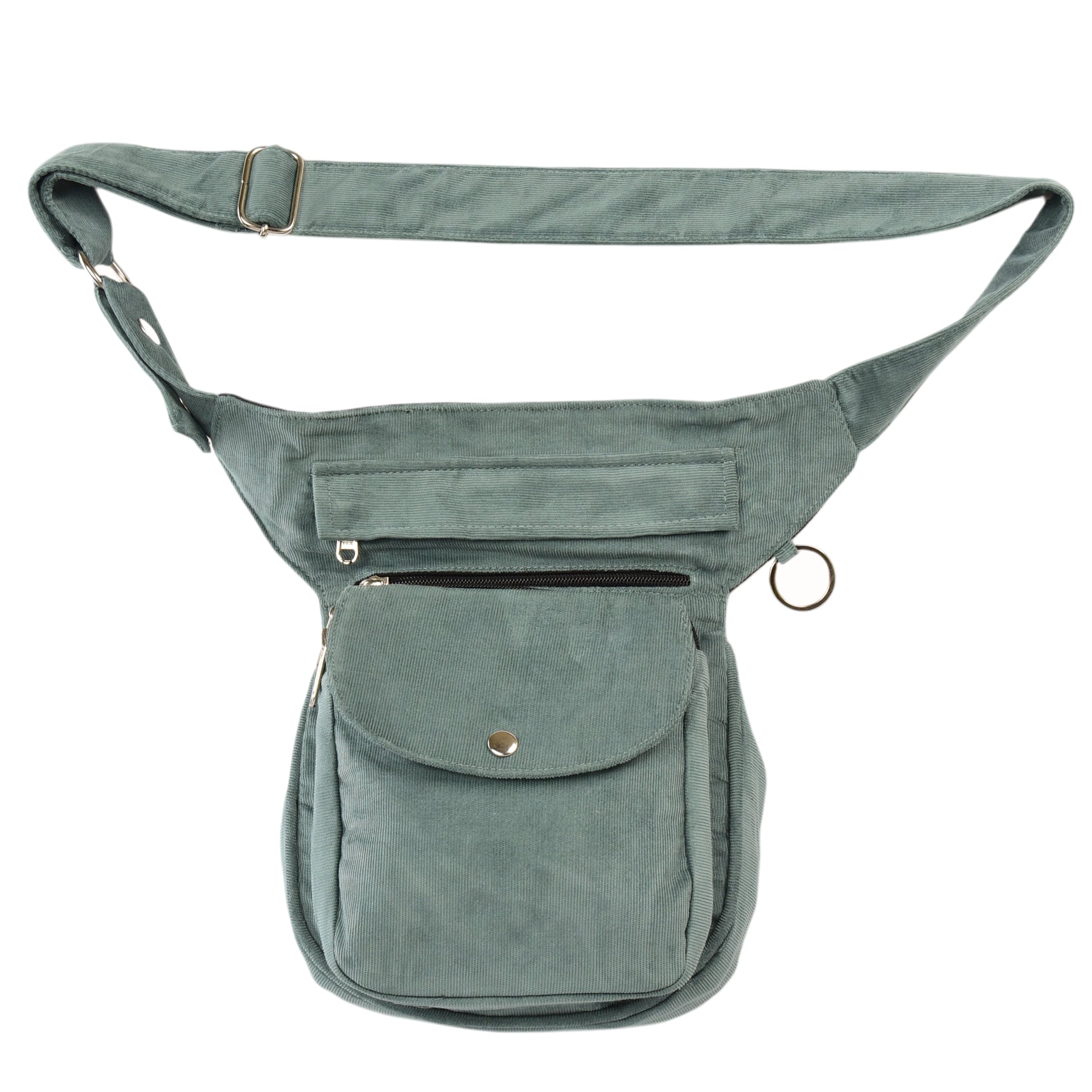 Vorderseite der Cord-Gassi-Tasche in sanftem Salbeigrün – stilvoll & praktisch mit Druckknopf und Reißverschlussfächern.