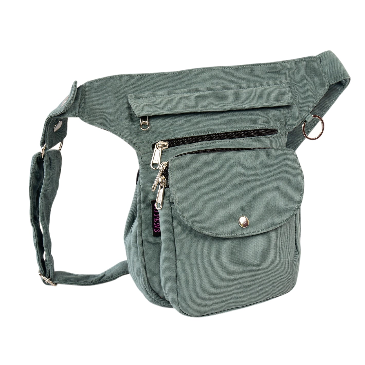 Seitliche Ansicht der Super-Hannover Tasche von Nijens – Cordstoff in Salbeigrün mit mehreren Fächern für Spaziergänge mit Stil.