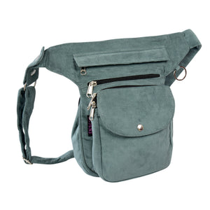 Seitliche Ansicht der Super-Hannover Tasche von Nijens – Cordstoff in Salbeigrün mit mehreren Fächern für Spaziergänge mit Stil.