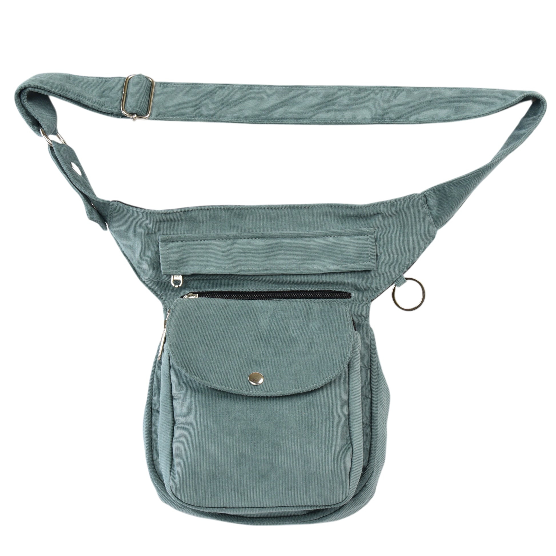 Vorderseite der Cord-Gassi-Tasche in sanftem Salbeigrün – stilvoll & praktisch mit Druckknopf und Reißverschlussfächern.