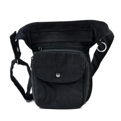 Gürteltasche, Gassi-Tasche aus Cord Charcoal. Diese Gürteltasche hat zwei Reißverschlussfächer vorne sowie ein Einsteckfach, welches durch einen Überschlag mit Druckknopf verschlossen wird.