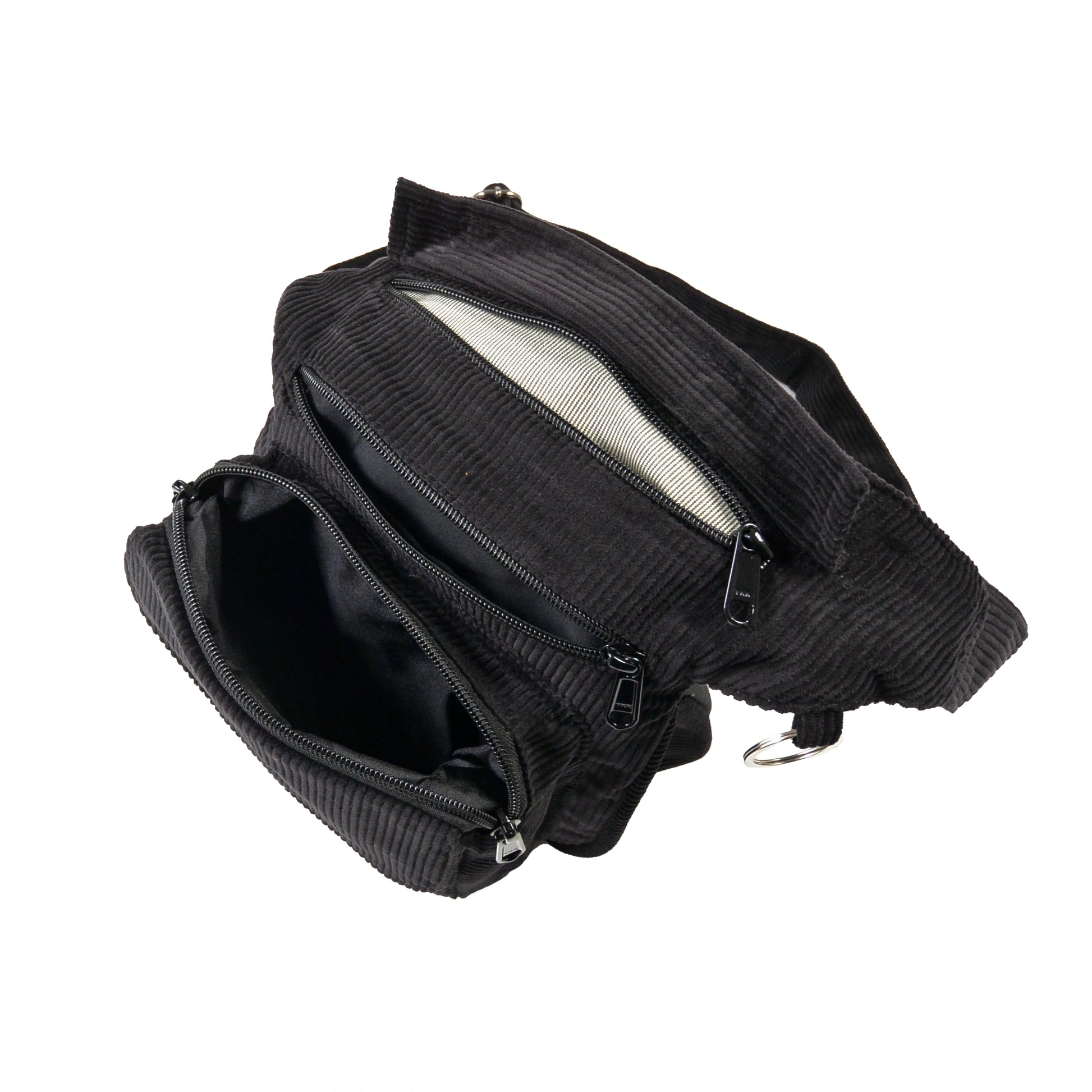 Gürteltasche, Gassi-Tasche aus Cord Schwarz. Das Hauptfach und vordere Reißverschlussfach bietet Platz für Handy, Portemonnaie und andere Kleinigkeiten.