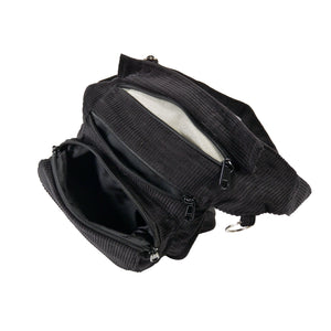 Gürteltasche, Gassi-Tasche aus Cord Schwarz. Das Hauptfach und vordere Reißverschlussfach bietet Platz für Handy, Portemonnaie und andere Kleinigkeiten.