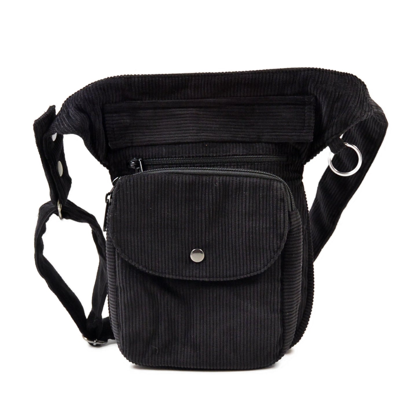 Gürteltasche, Gassi-Tasche aus Cord Schwarz. Diese Gürteltasche hat zwei Reißverschlussfächer vorne sowie ein Einsteckfach, welches durch einen Überschlag mit Druckknopf verschlossen wird. Auf der hinteren Seite befindet sich ein weiteres Reißverschlussfach. 