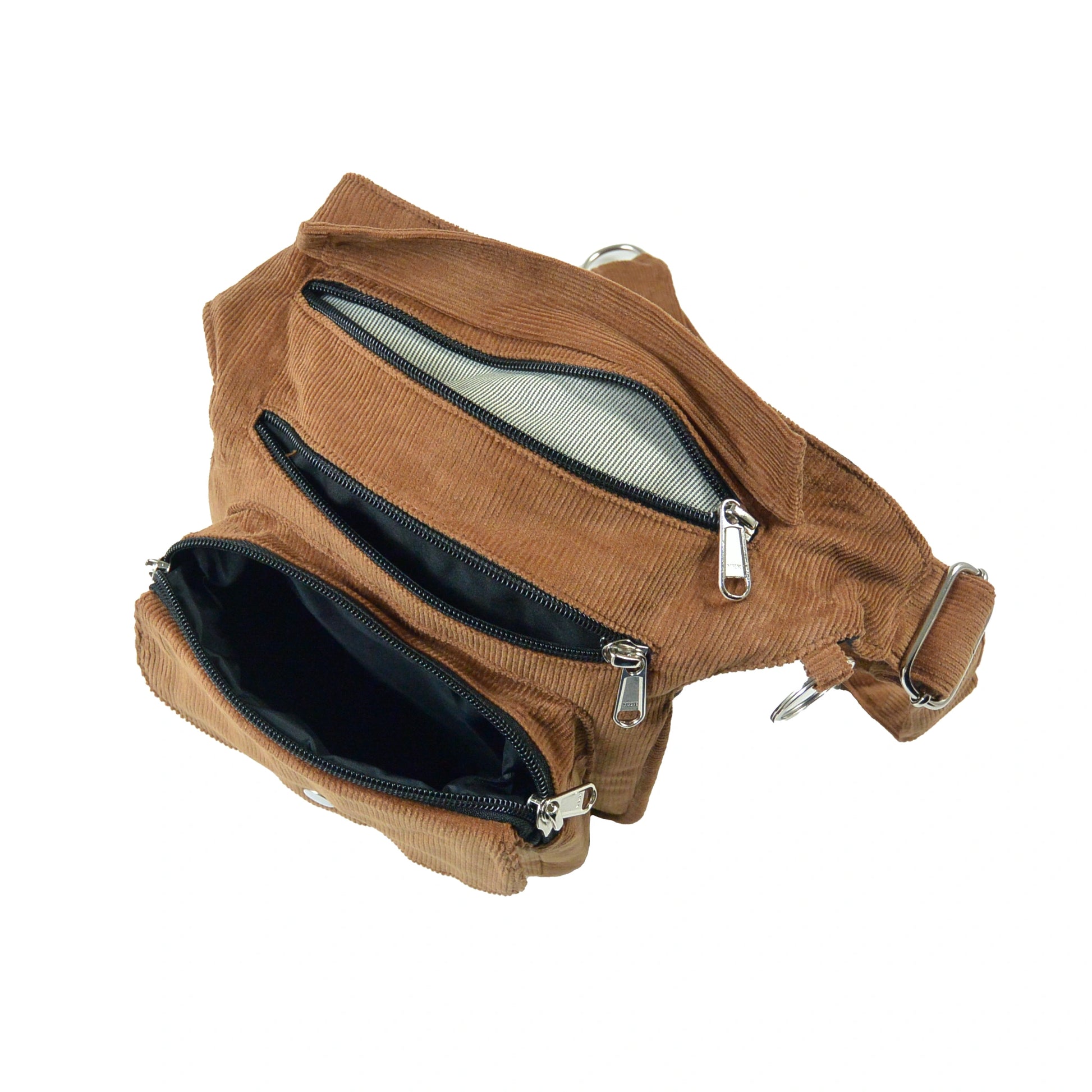 Bauchtasche, Gassi-Tasche aus Cord Goldbraun mit Reißverschlussfächern und verstellbarem Gurt