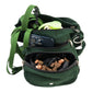 Gassi-Tasche aus Cord Tannengrün. Diese Gürteltasche hat drei Reißverschlussfächer vorne sowie ein Einsteckfach, welches durch einen Überschlag mit Druckknopf verschlossen wird. Innenansicht.