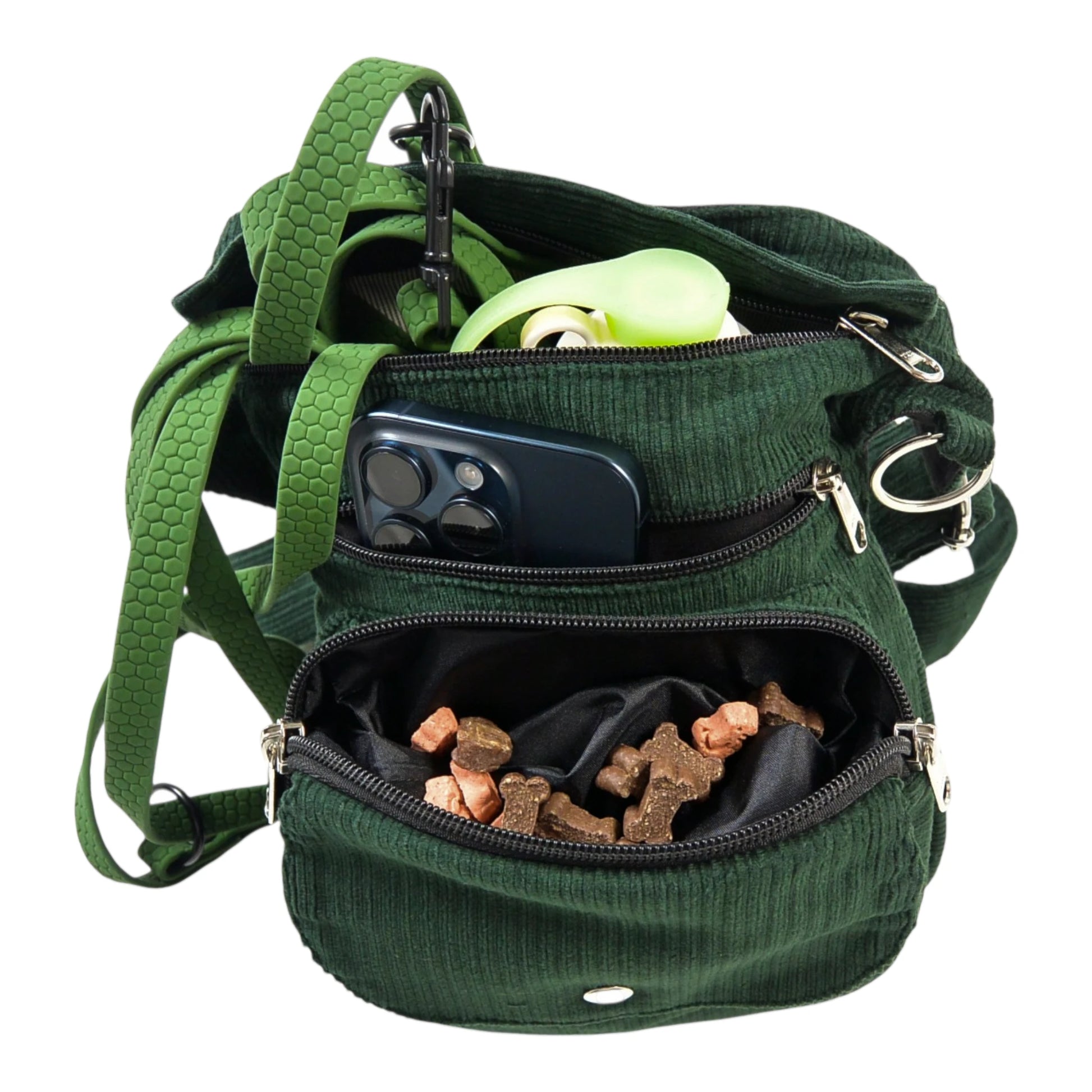 Gassi-Tasche aus Cord Tannengrün. Diese Gürteltasche hat drei Reißverschlussfächer vorne sowie ein Einsteckfach, welches durch einen Überschlag mit Druckknopf verschlossen wird. Innenansicht.